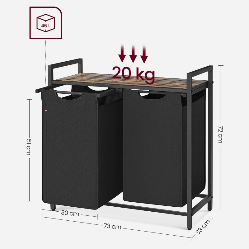 Koš za perilo Vasagle Ila Duo – 2 x 46 L, črn