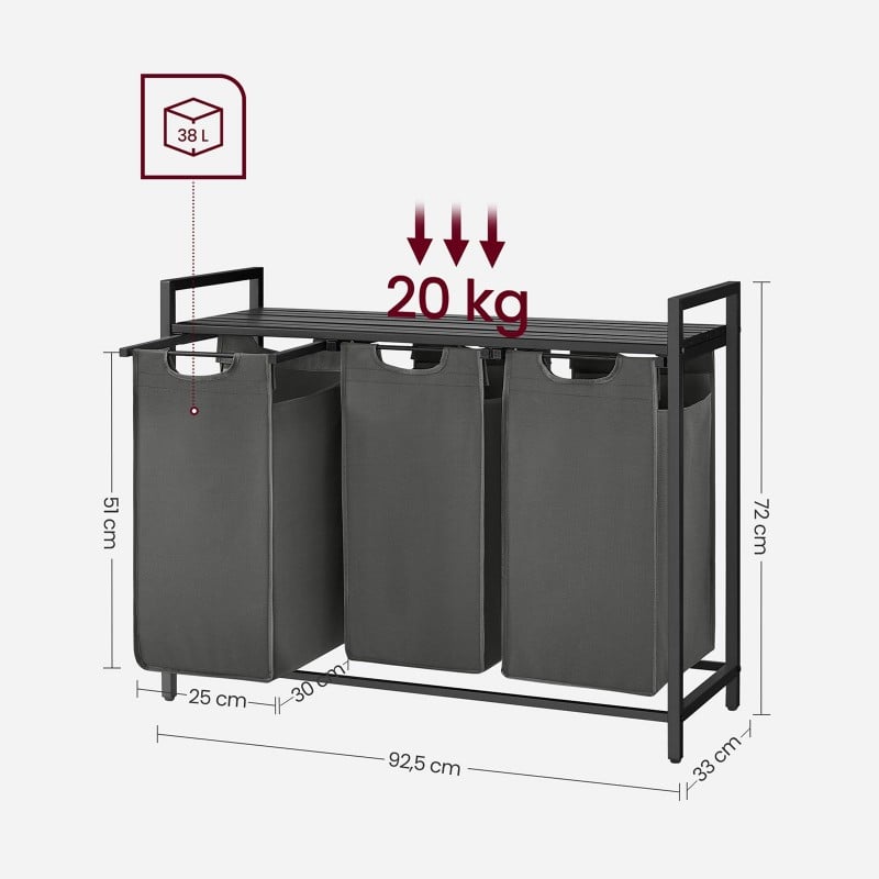 Koš za perilo Vasagle Ila Trio – 3 x 38 L, siv